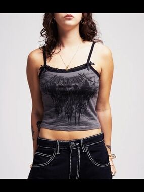 Affliction Gray and Black Lace-Trim Graphic Cami Tank